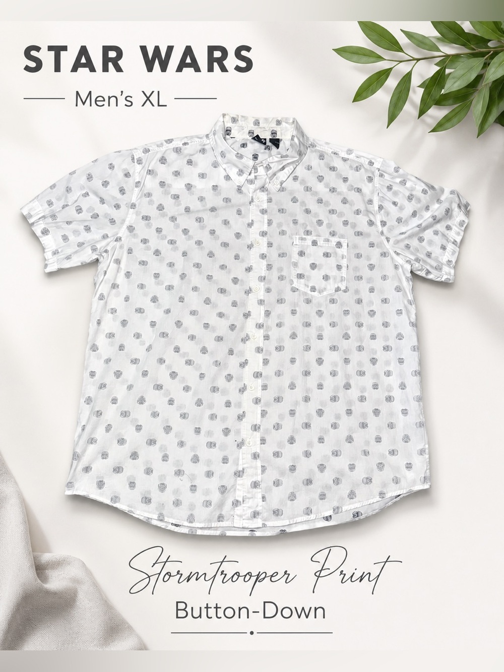 Star Wars Stormtrooper Helmet Print Short Sleeve Button-Down Shirt Men’s XL
